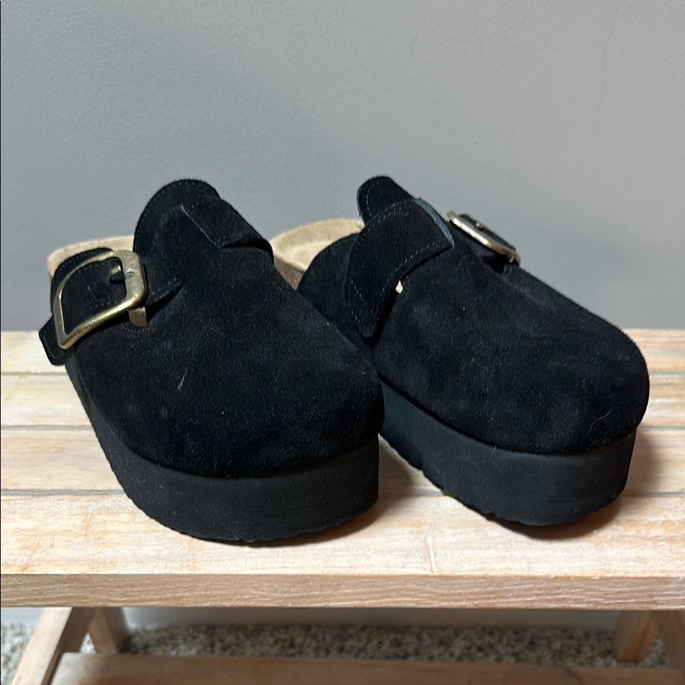 Black Platform Mules with Silver Buckle